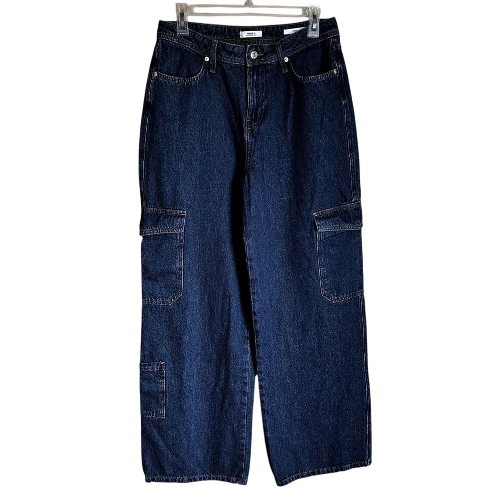 Forever 21 Premium Cargo Jeans Women’s 28 Dark Wash Wide Leg 100% Cotton Denim